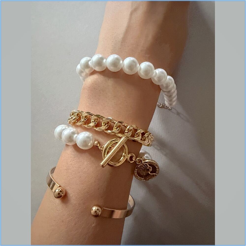Gold-Tone and White Pearl Bracelet Set